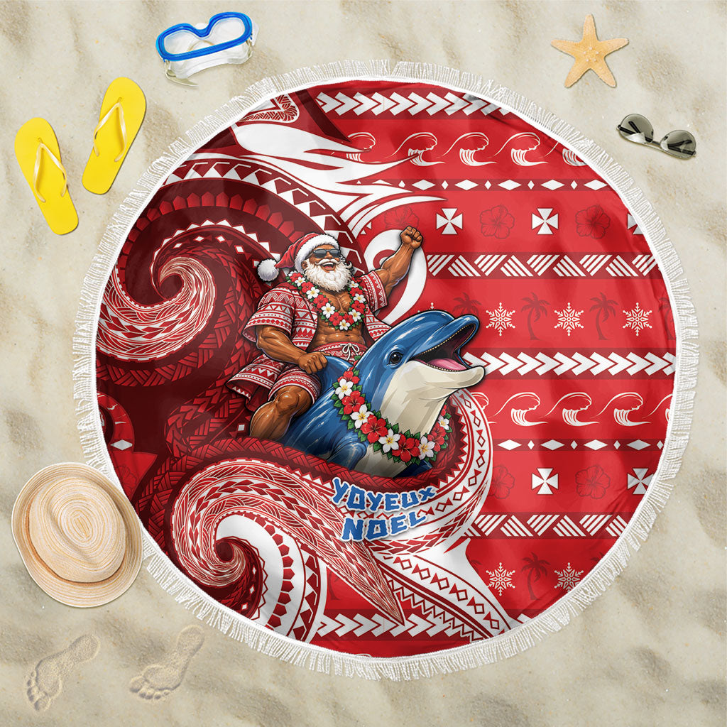 Wallis And Futuna Christmas Beach Blanket Santa Riding Ocean Dolphin DT05 One Size 150cm Red - Polynesian Pride