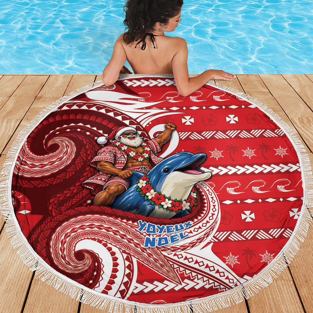 Wallis And Futuna Christmas Beach Blanket Santa Riding Ocean Dolphin DT05 - Polynesian Pride