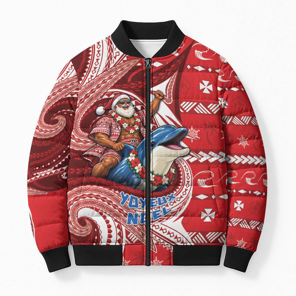 Wallis And Futuna Christmas Bomber Puffer Jacket Santa Riding Ocean Dolphin DT05 Unisex Red - Polynesian Pride