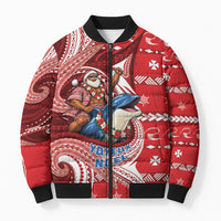 Wallis And Futuna Christmas Bomber Puffer Jacket Santa Riding Ocean Dolphin DT05 Unisex Red - Polynesian Pride