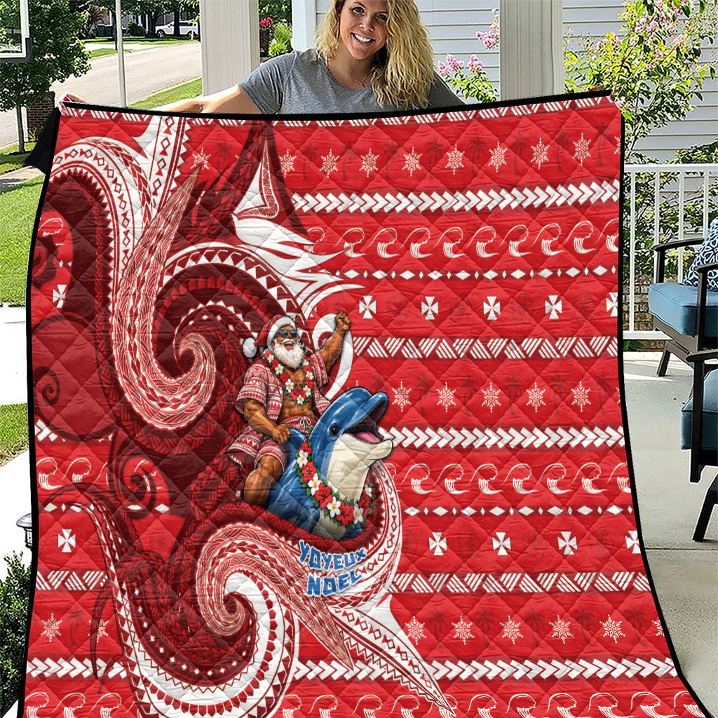 Wallis And Futuna Christmas Quilt Santa Riding Ocean Dolphin DT05 Red - Polynesian Pride