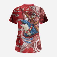 Wallis And Futuna Christmas Scrub Top Santa Riding Ocean Dolphin DT05 - Polynesian Pride