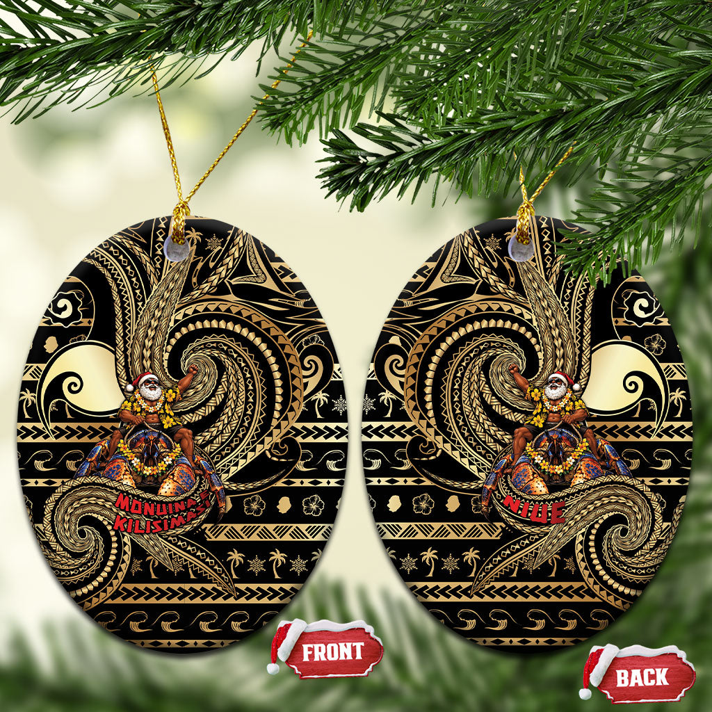 Niue Christmas Ceramic Ornament Santa Riding Coconut Crab DT05 Oval Gold - Polynesian Pride