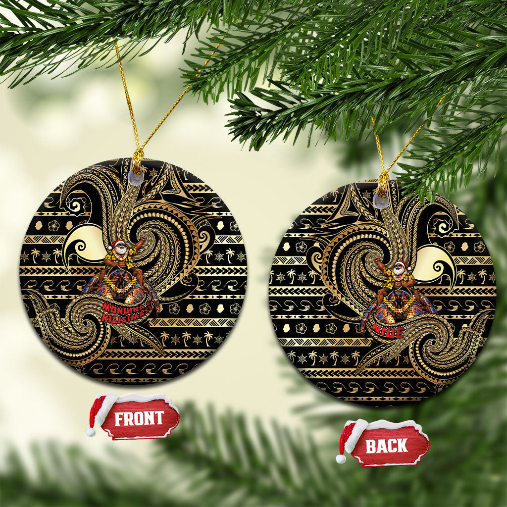 Niue Christmas Ceramic Ornament Santa Riding Coconut Crab DT05 Circle Gold - Polynesian Pride