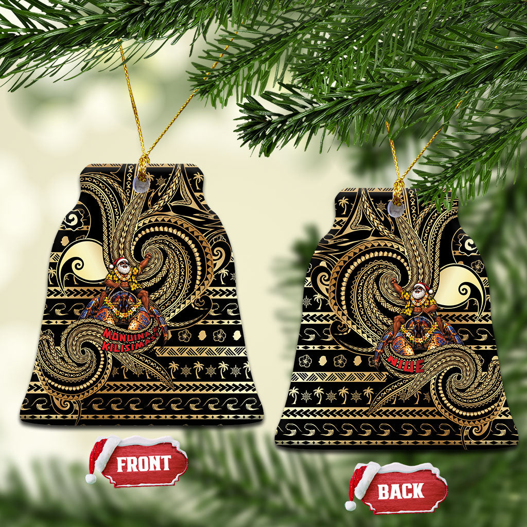 Niue Christmas Ceramic Ornament Santa Riding Coconut Crab DT05 Bell Flake Gold - Polynesian Pride