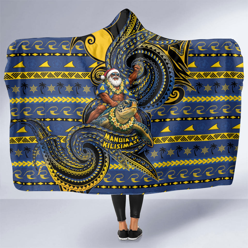 Tokelau Christmas Hooded Blanket Santa Riding Sea Turtle DT05 One Size Navy - Polynesian Pride