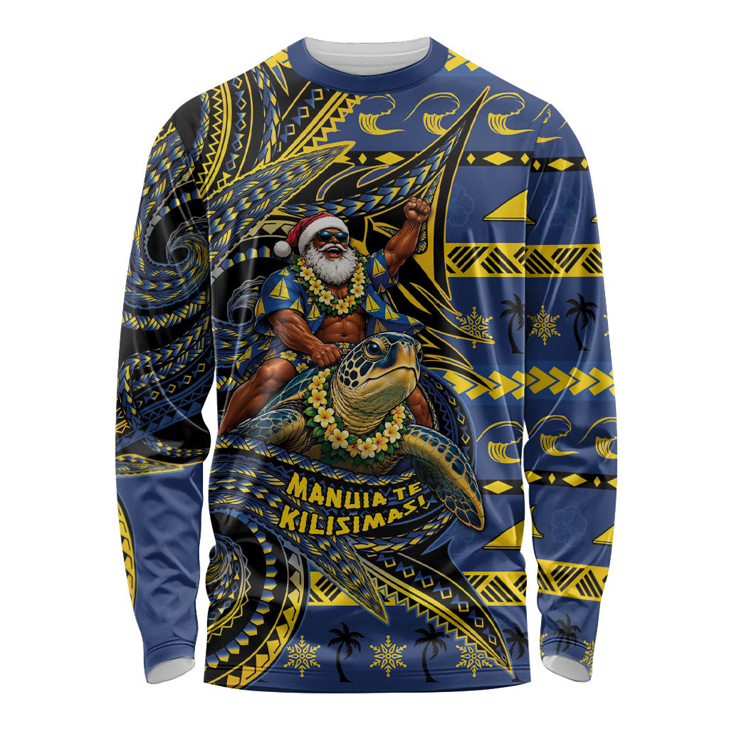 Tokelau Christmas Long Sleeve Shirt Santa Riding Sea Turtle DT05 Unisex Navy - Polynesian Pride