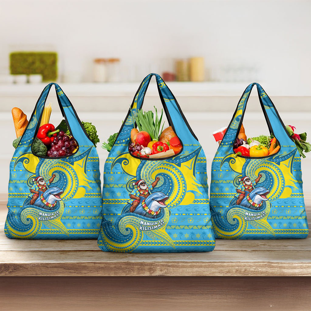Tuvalu Christmas Grocery Bag Santa Riding Ocean Dolphin DT05 3-pack One Size Blue - Polynesian Pride