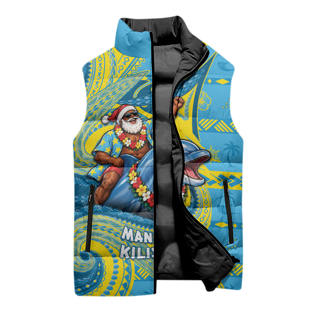 Tuvalu Christmas Sleeveless Puffer Jacket Santa Riding Ocean Dolphin DT05 - Polynesian Pride