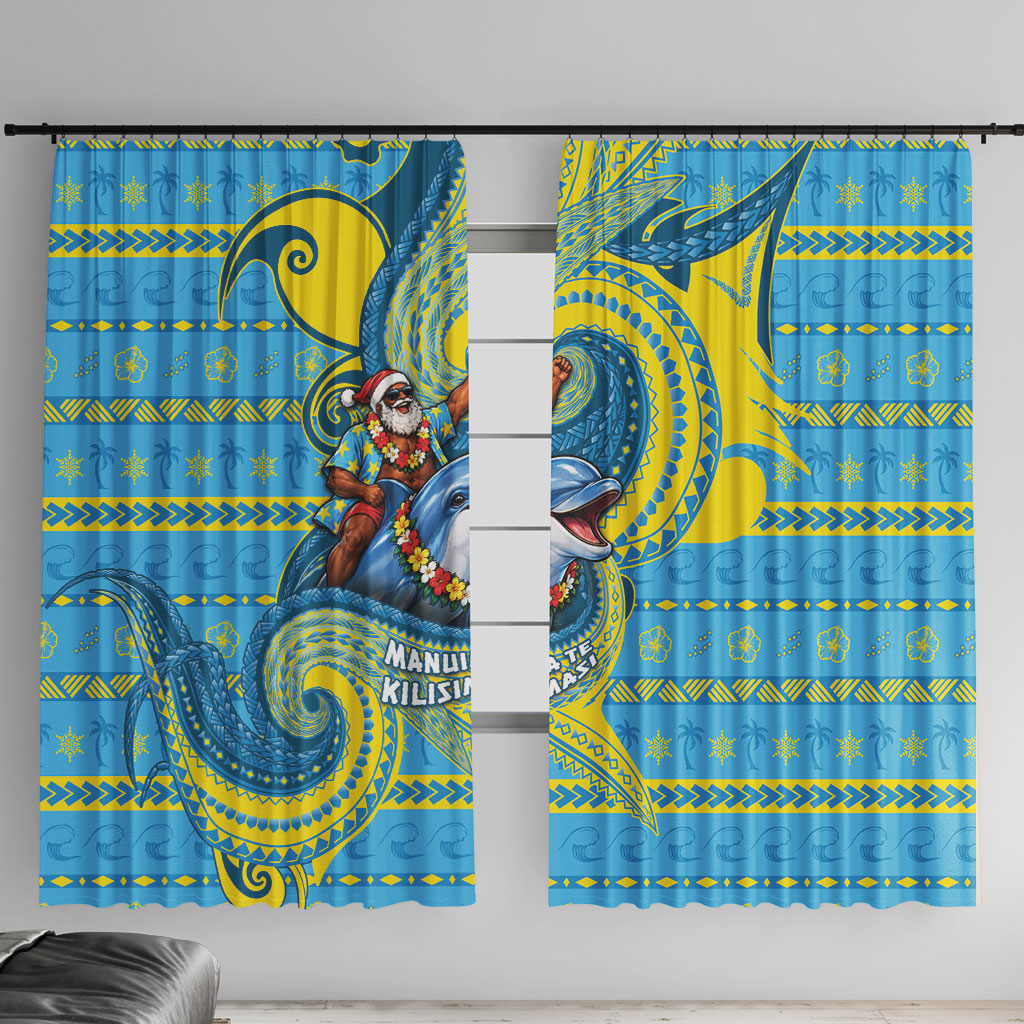 Tuvalu Christmas Window Curtain Santa Riding Ocean Dolphin DT05 With Hooks Blue - Polynesian Pride