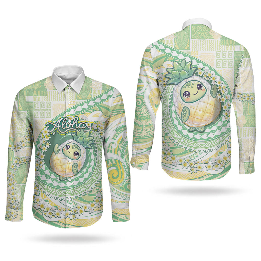 Hawaii Pineapple Couples Matching Off Shoulder Short Dress and Long Sleeve Button Shirt Cute Cosplay Turtle Plumeria Spiral DT05 - Polynesian Pride