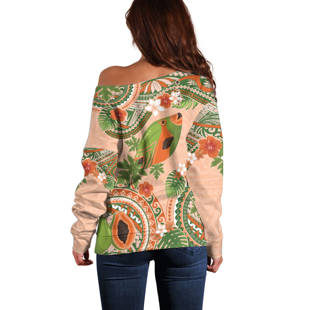 Hawaii Papaya Off Shoulder Sweater Cute Cosplay Humuhumu Fish Plumeria Waves DT05 - Polynesian Pride