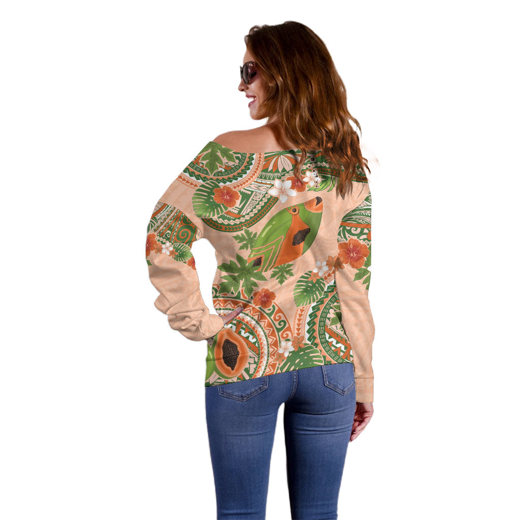 Hawaii Papaya Off Shoulder Sweater Cute Cosplay Humuhumu Fish Plumeria Waves DT05 - Polynesian Pride