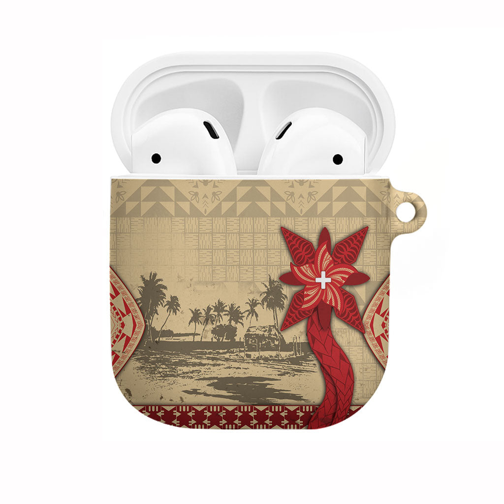 Tonga Language Week AirPods Case Tribal Cross Ngatu Floral Pattern DT05 Red - Polynesian Pride