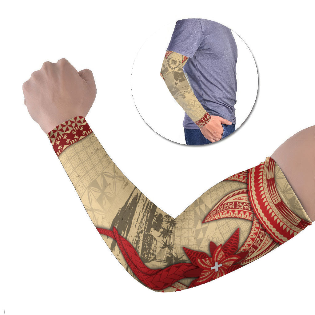 Tonga Language Week Arm Sleeves Tribal Cross Ngatu Floral Pattern DT05 Set of 2 Red - Polynesian Pride