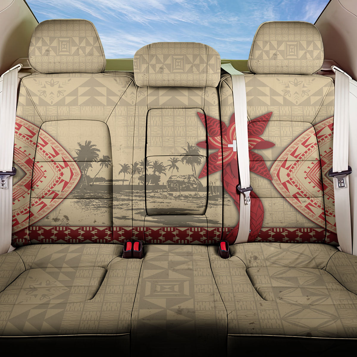 Tonga Language Week Back Car Seat Cover Tribal Cross Ngatu Floral Pattern DT05 One Size Red - Polynesian Pride
