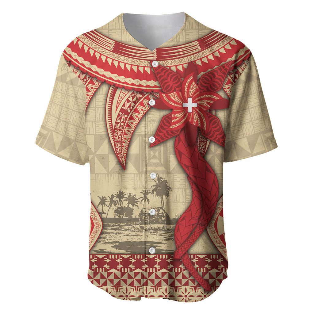 Tonga Language Week Baseball Jersey Tribal Cross Ngatu Floral Pattern DT05 Red - Polynesian Pride