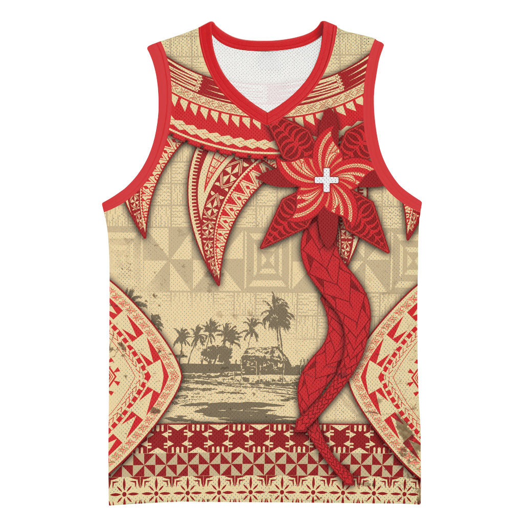 Tonga Language Week Basketball Jersey Tribal Cross Ngatu Floral Pattern DT05 Unisex Red - Polynesian Pride
