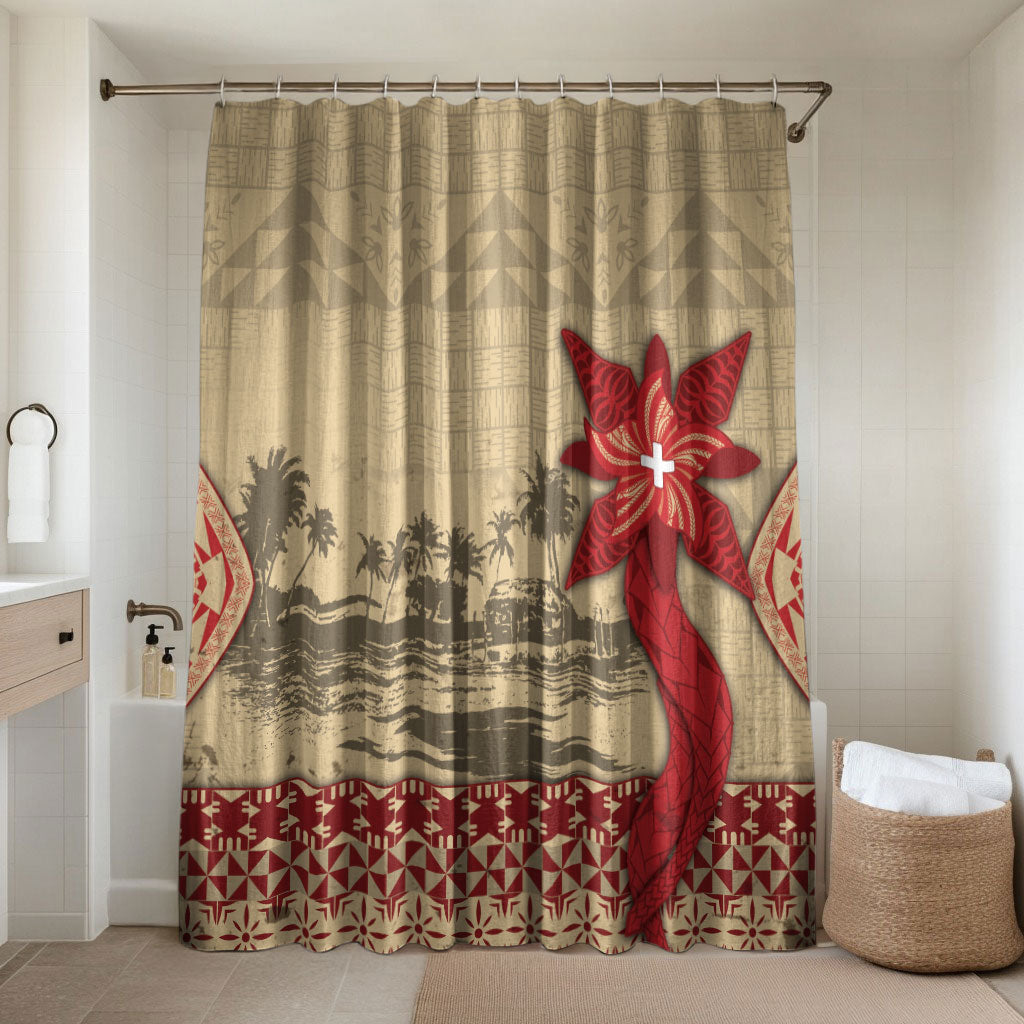 Tonga Language Week Bathroom Set Tribal Cross Ngatu Floral Pattern DT05 Shower Curtain Only Red - Polynesian Pride