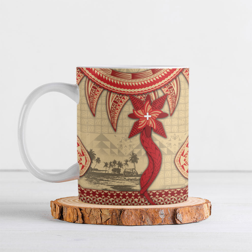 Tonga Language Week Ceramic Mug Tribal Cross Ngatu Floral Pattern DT05 Red - Polynesian Pride