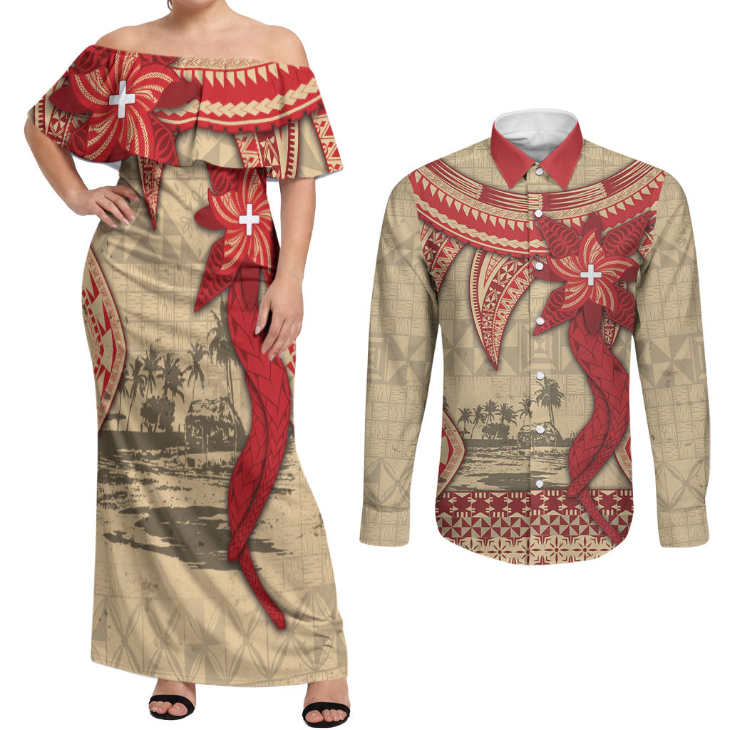 Tonga Language Week Couples Matching Off Shoulder Maxi Dress and Long Sleeve Button Shirt Tribal Cross Ngatu Floral Pattern DT05 Red - Polynesian Pride
