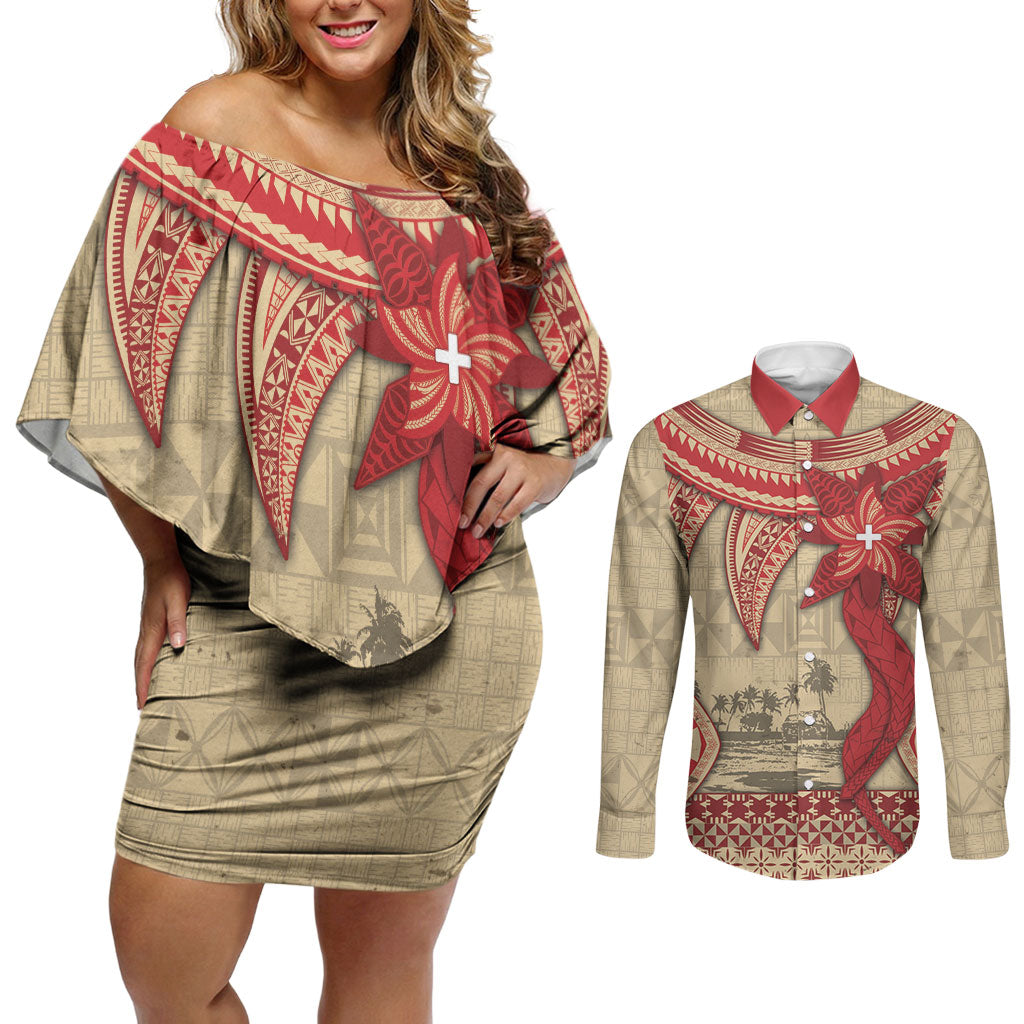 Tonga Language Week Couples Matching Off Shoulder Short Dress and Long Sleeve Button Shirt Tribal Cross Ngatu Floral Pattern DT05 Red - Polynesian Pride