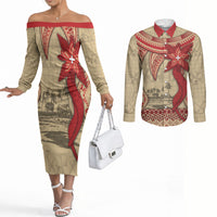 Tonga Language Week Couples Matching Off The Shoulder Long Sleeve Dress and Long Sleeve Button Shirt Tribal Cross Ngatu Floral Pattern DT05 Red - Polynesian Pride