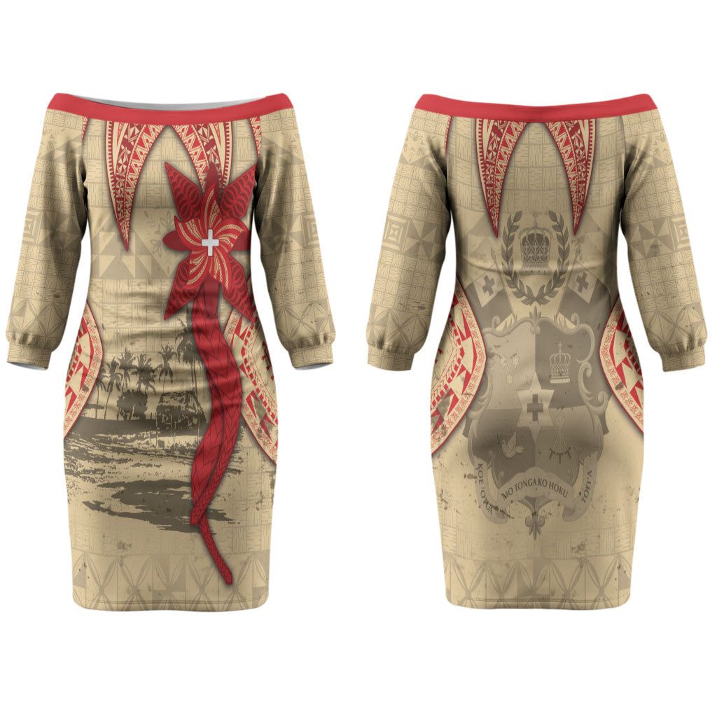 Tonga Language Week Couples Matching Off The Shoulder Long Sleeve Dress and Long Sleeve Button Shirt Tribal Cross Ngatu Floral Pattern DT05 - Polynesian Pride