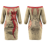 Tonga Language Week Couples Matching Off The Shoulder Long Sleeve Dress and Long Sleeve Button Shirt Tribal Cross Ngatu Floral Pattern DT05 - Polynesian Pride