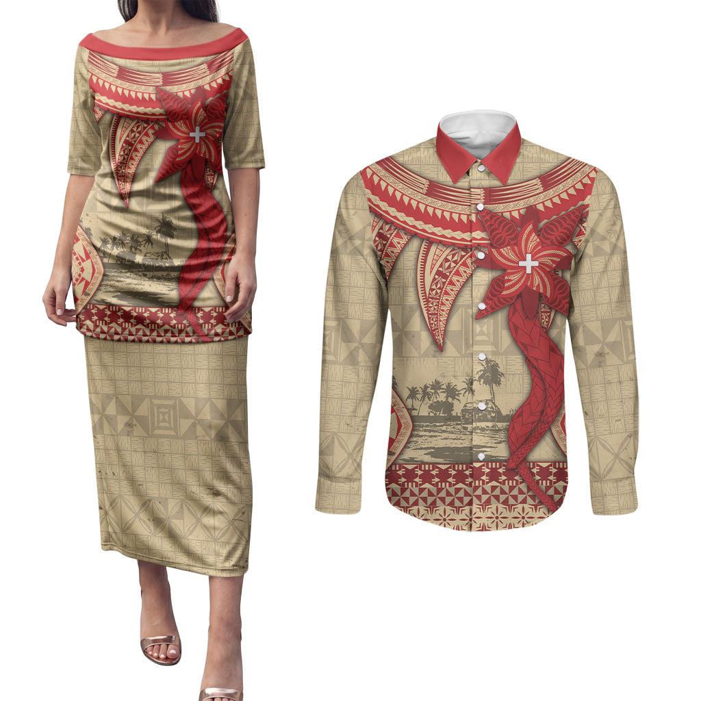 Tonga Language Week Couples Matching Puletasi and Long Sleeve Button Shirt Tribal Cross Ngatu Floral Pattern DT05 Red - Polynesian Pride