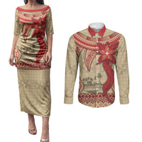 Tonga Language Week Couples Matching Puletasi and Long Sleeve Button Shirt Tribal Cross Ngatu Floral Pattern DT05 Red - Polynesian Pride