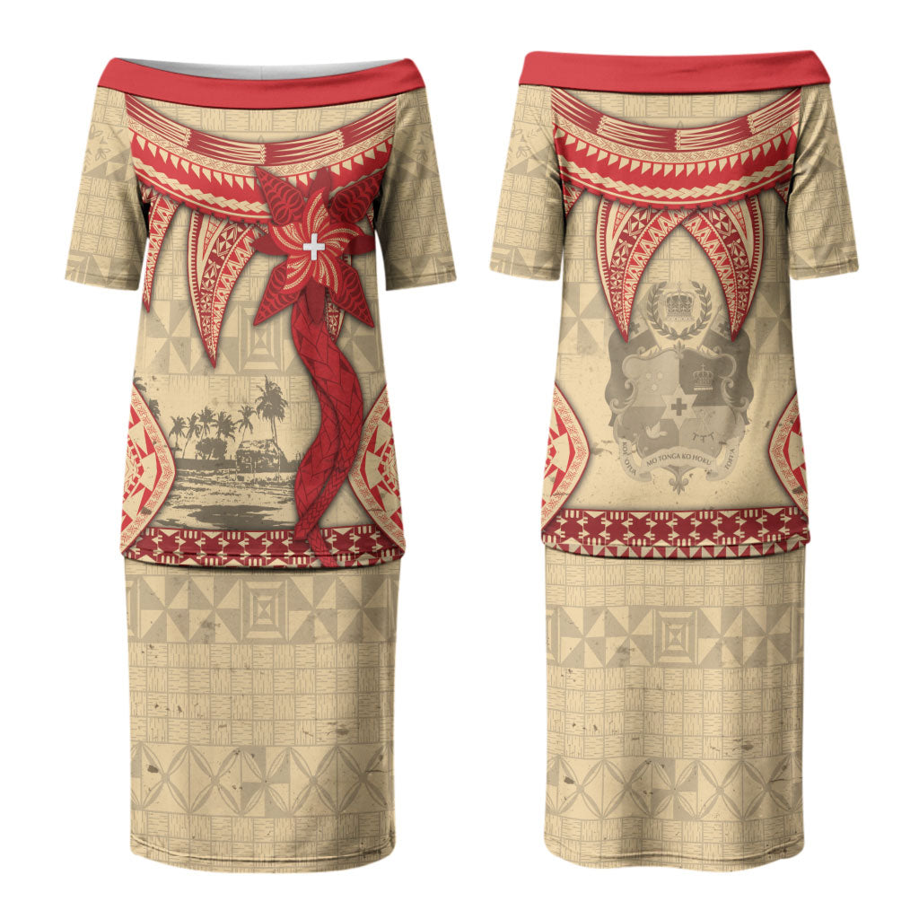 Tonga Language Week Couples Matching Puletasi and Long Sleeve Button Shirt Tribal Cross Ngatu Floral Pattern DT05 - Polynesian Pride