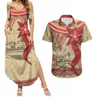 Tonga Language Week Couples Matching Summer Maxi Dress and Hawaiian Shirt Tribal Cross Ngatu Floral Pattern DT05 Red - Polynesian Pride