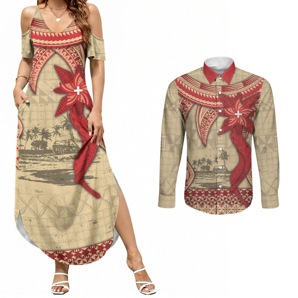 Tonga Language Week Couples Matching Summer Maxi Dress and Long Sleeve Button Shirt Tribal Cross Ngatu Floral Pattern DT05 Red - Polynesian Pride