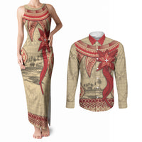 Tonga Language Week Couples Matching Tank Maxi Dress and Long Sleeve Button Shirt Tribal Cross Ngatu Floral Pattern DT05 Red - Polynesian Pride