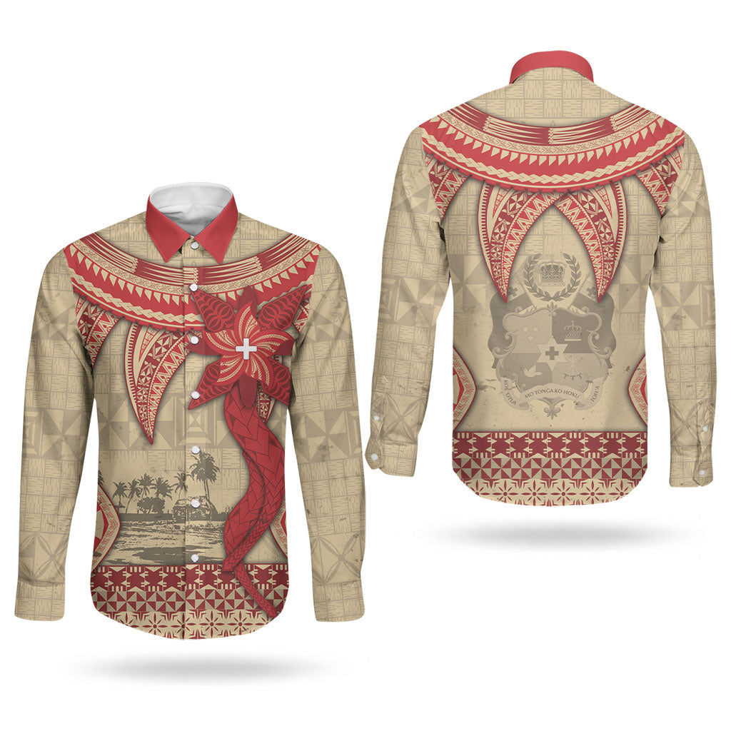 Tonga Language Week Couples Matching Tank Maxi Dress and Long Sleeve Button Shirt Tribal Cross Ngatu Floral Pattern DT05 - Polynesian Pride