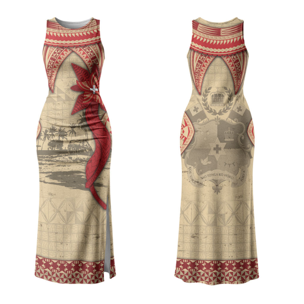 Tonga Language Week Couples Matching Tank Maxi Dress and Long Sleeve Button Shirt Tribal Cross Ngatu Floral Pattern DT05 - Polynesian Pride
