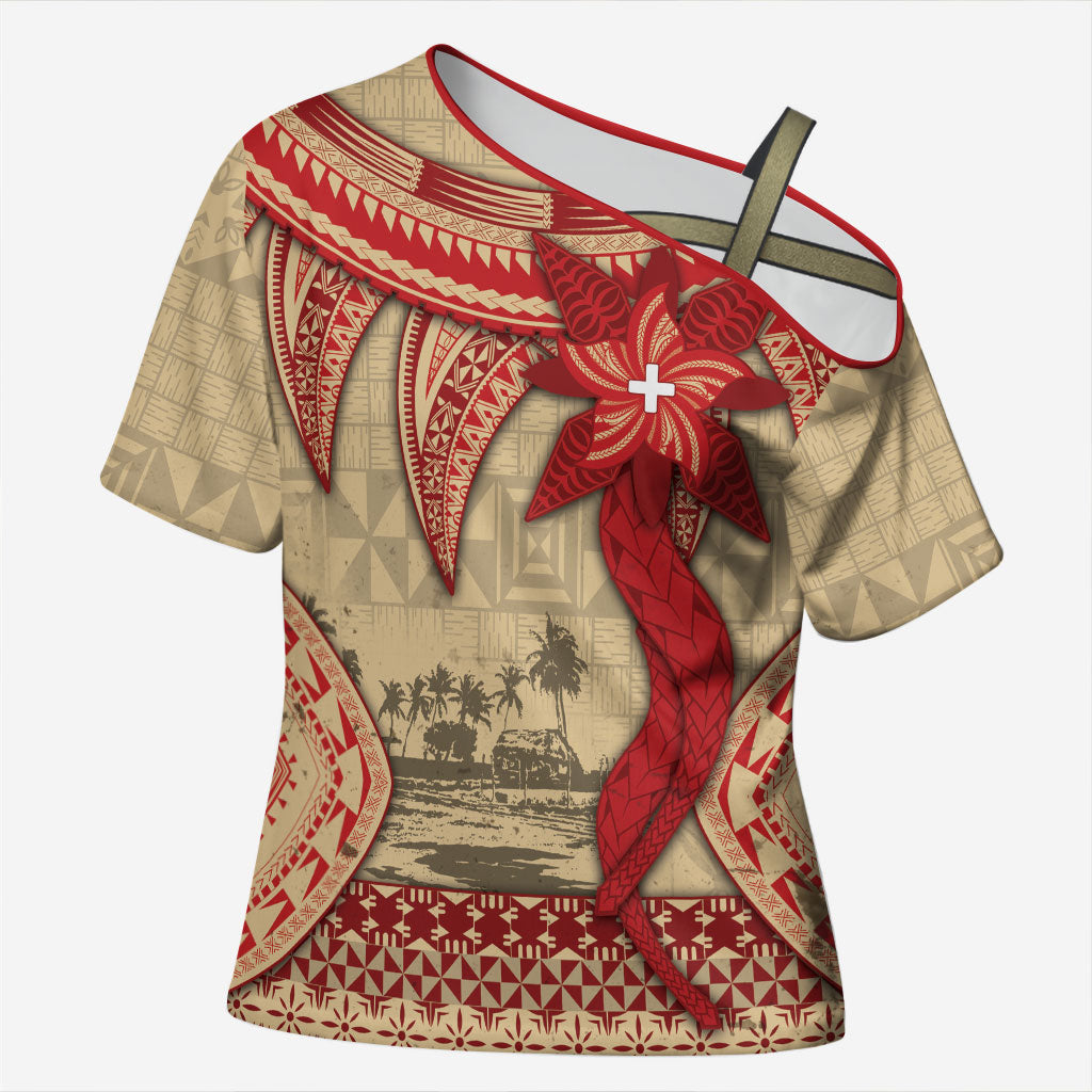 Tonga Language Week Cross Shoulder Shirt Tribal Cross Ngatu Floral Pattern DT05 Female Red - Polynesian Pride