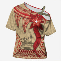 Tonga Language Week Cross Shoulder Shirt Tribal Cross Ngatu Floral Pattern DT05 Female Red - Polynesian Pride