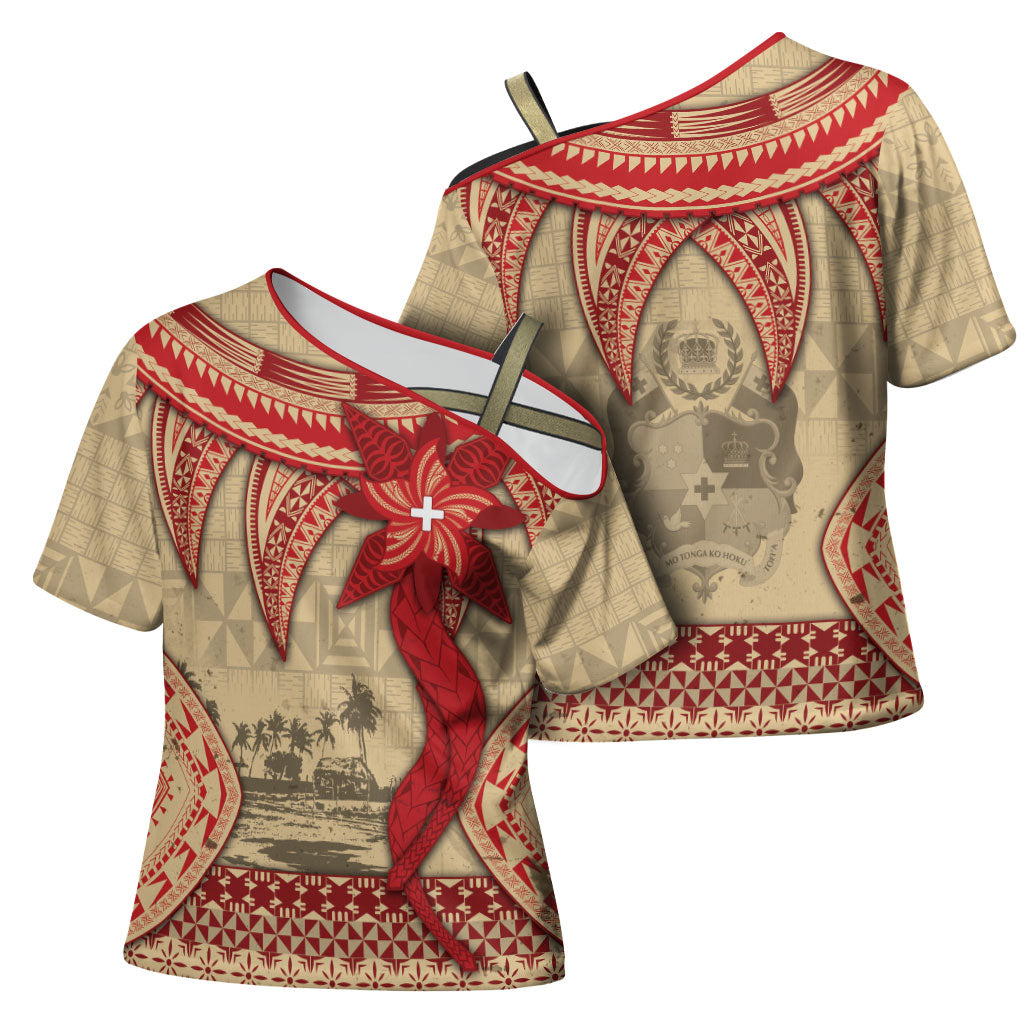 Tonga Language Week Cross Shoulder Shirt Tribal Cross Ngatu Floral Pattern DT05 - Polynesian Pride