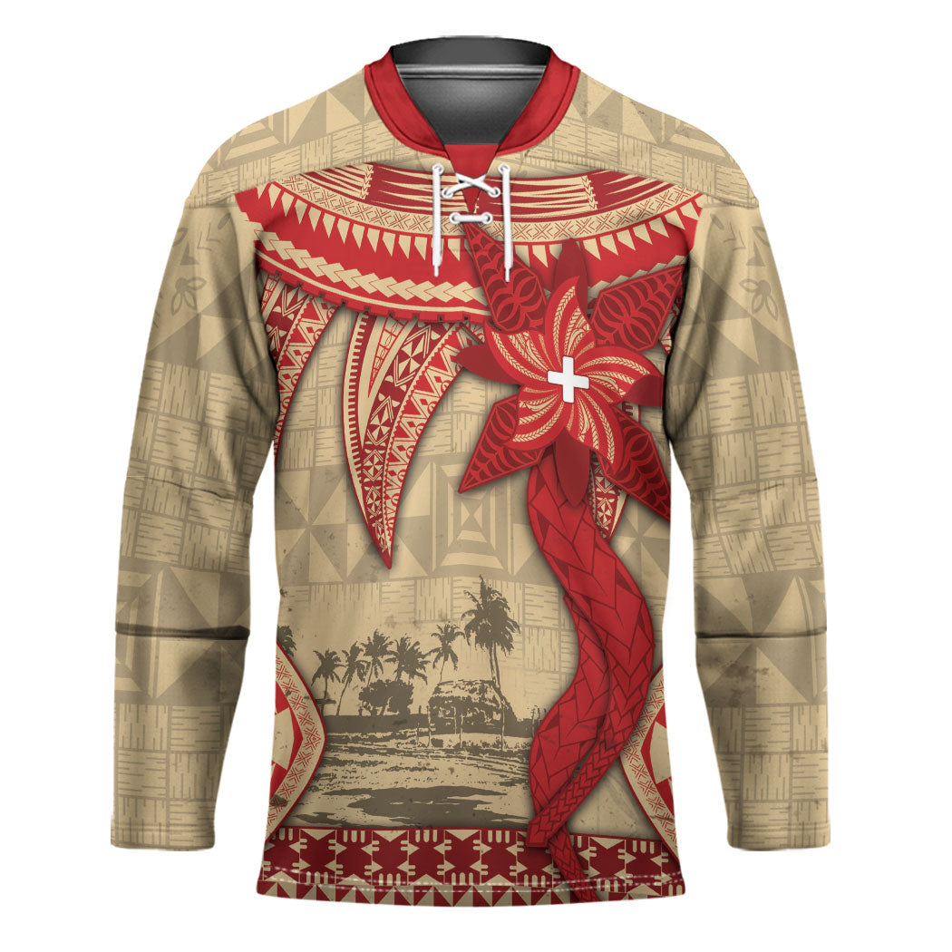 Tonga Language Week Hockey Jersey Tribal Cross Ngatu Floral Pattern DT05 Unisex Red - Polynesian Pride