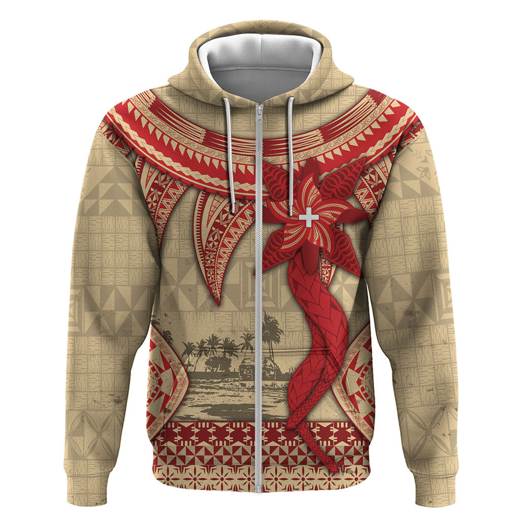 Tonga Language Week Hoodie Tribal Cross Ngatu Floral Pattern DT05 Zip Hoodie Red - Polynesian Pride