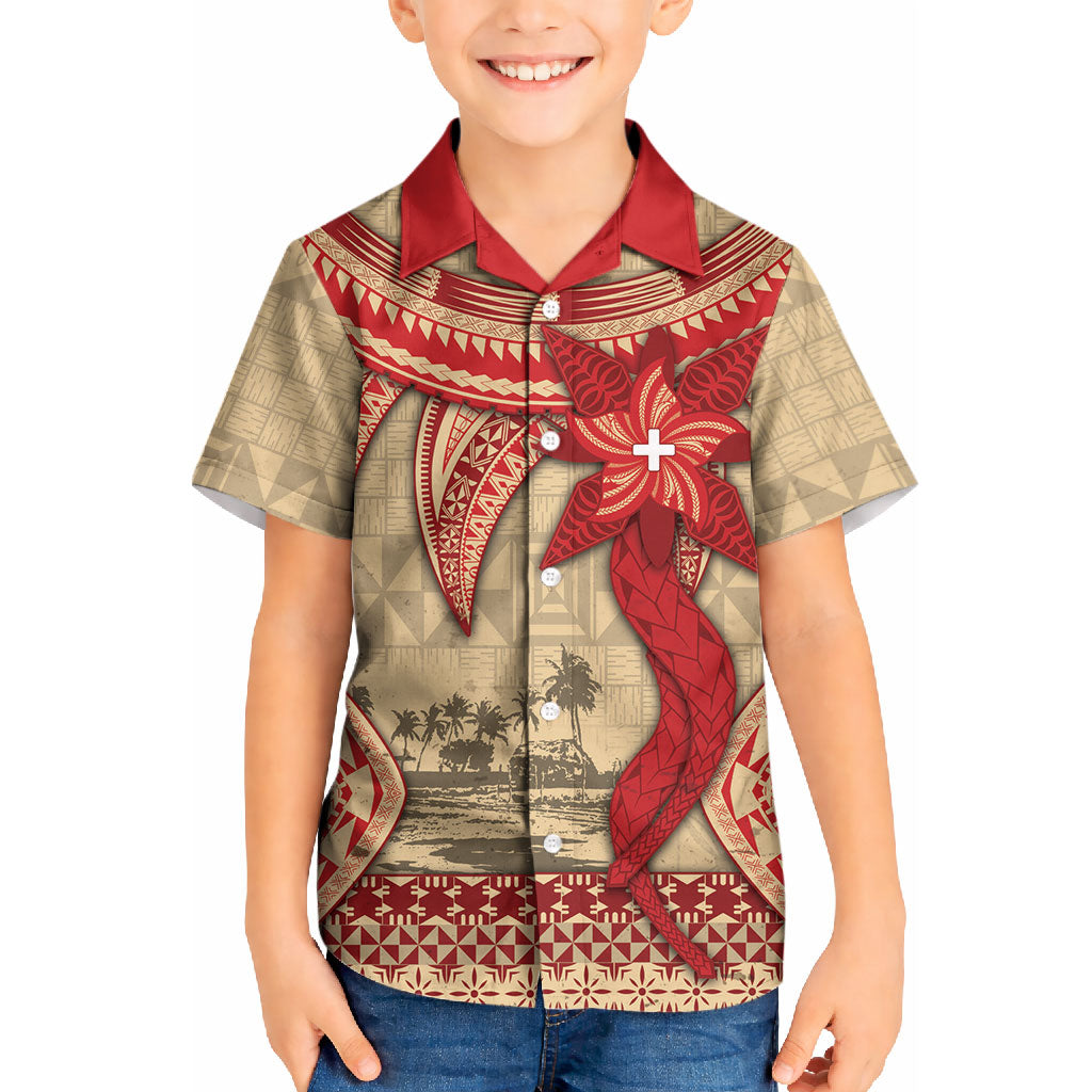 Tonga Language Week Kid Hawaiian Shirt Tribal Cross Ngatu Floral Pattern DT05 Kid Red - Polynesian Pride