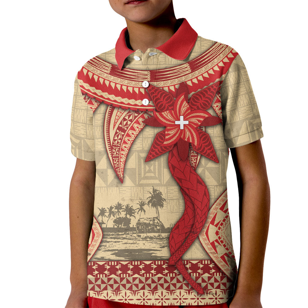 Tonga Language Week Kid Polo Shirt Tribal Cross Ngatu Floral Pattern DT05 Kid Red - Polynesian Pride