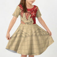 Tonga Language Week Kid Short Sleeve Dress Tribal Cross Ngatu Floral Pattern DT05 KID Red - Polynesian Pride