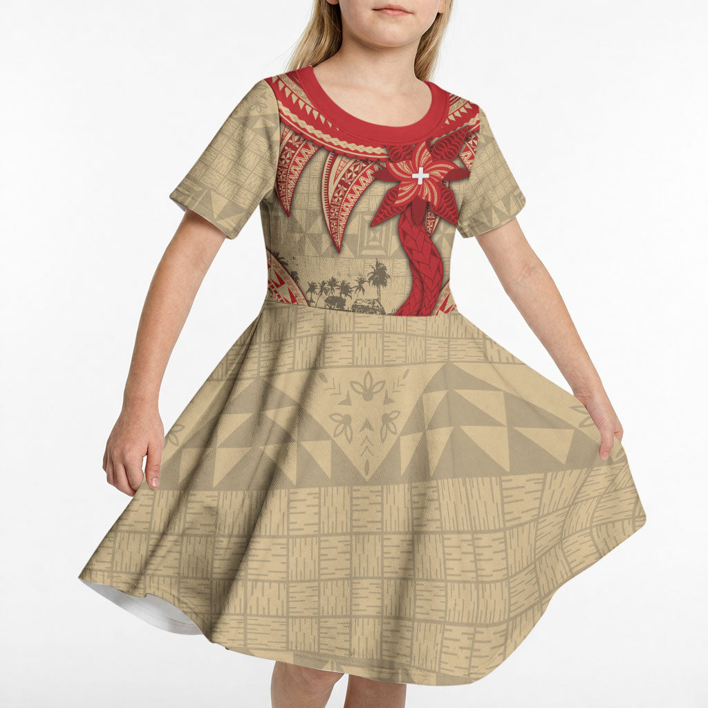 Tonga Language Week Kid Short Sleeve Dress Tribal Cross Ngatu Floral Pattern DT05 - Polynesian Pride