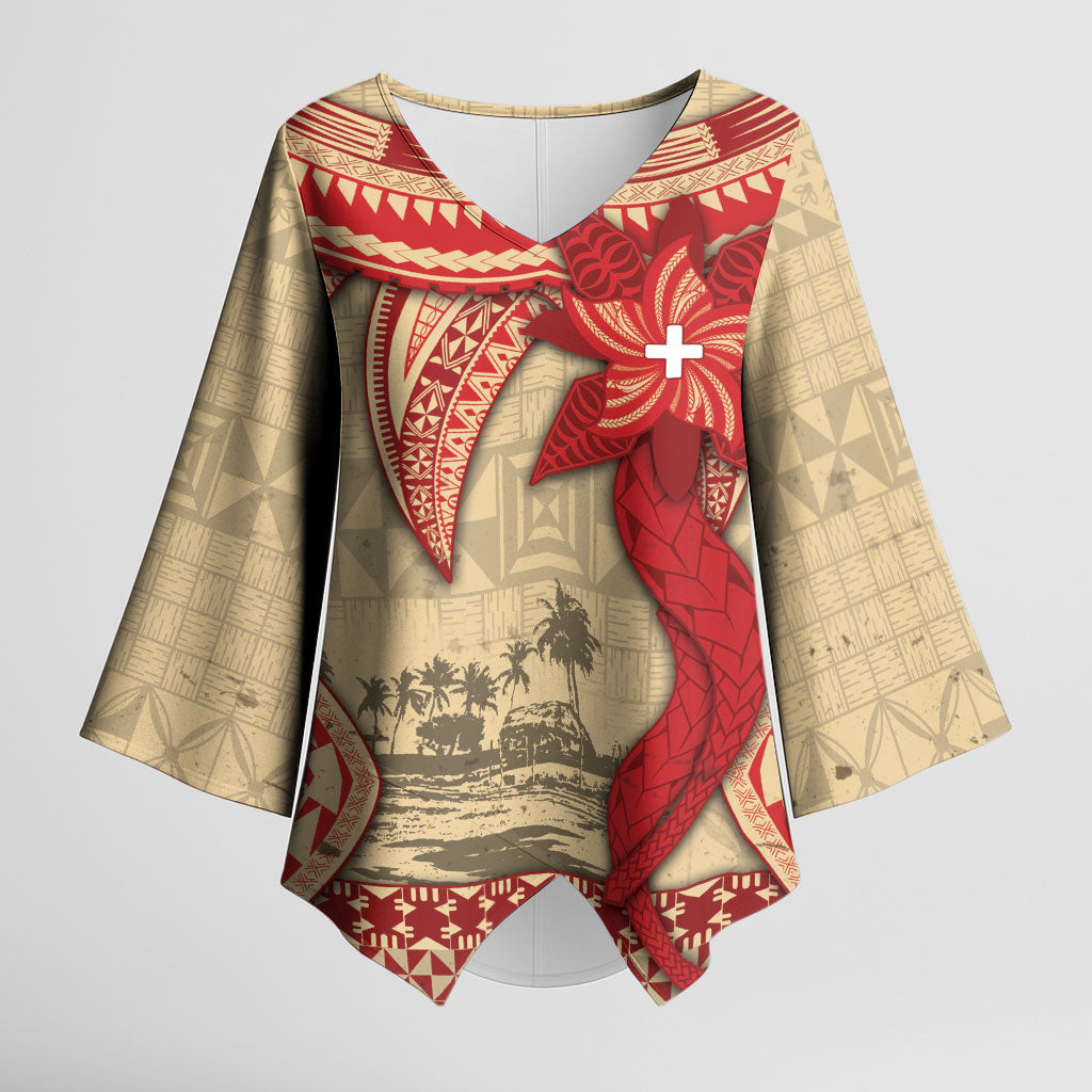 Tonga Language Week Kimono Sleeve Blouse Tribal Cross Ngatu Floral Pattern DT05 Female Red - Polynesian Pride