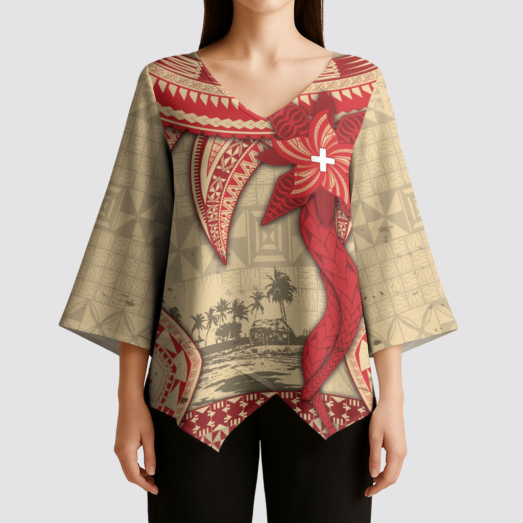 Tonga Language Week Kimono Sleeve Blouse Tribal Cross Ngatu Floral Pattern DT05 - Polynesian Pride