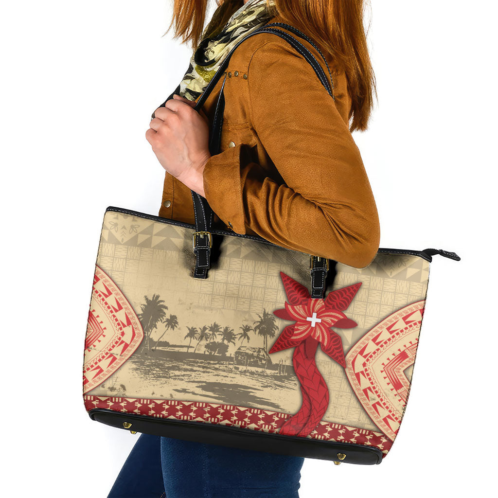 Tonga Language Week Leather Tote Bag Tribal Cross Ngatu Floral Pattern DT05 Red - Polynesian Pride