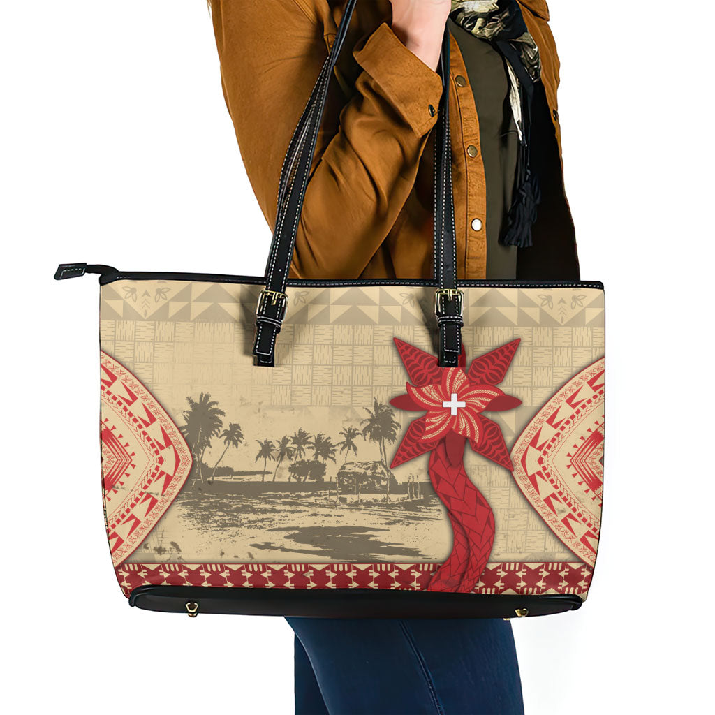 Tonga Language Week Leather Tote Bag Tribal Cross Ngatu Floral Pattern DT05 - Polynesian Pride